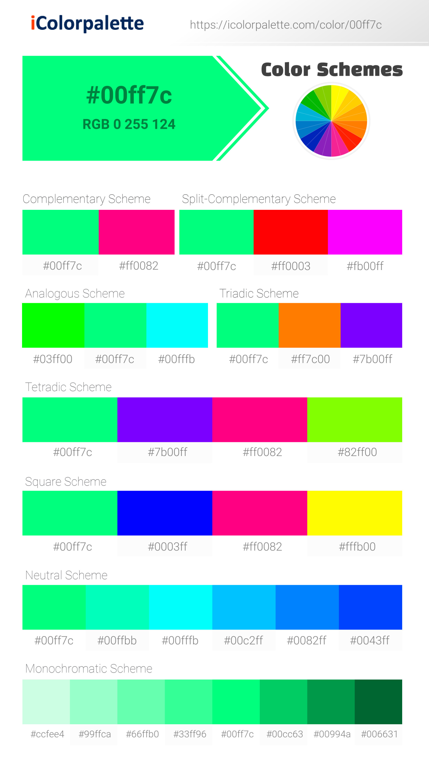 Spring Green Rgb Spring Green (similar) Color | 00ff7c | Color conversion CMYK | Hsl ...