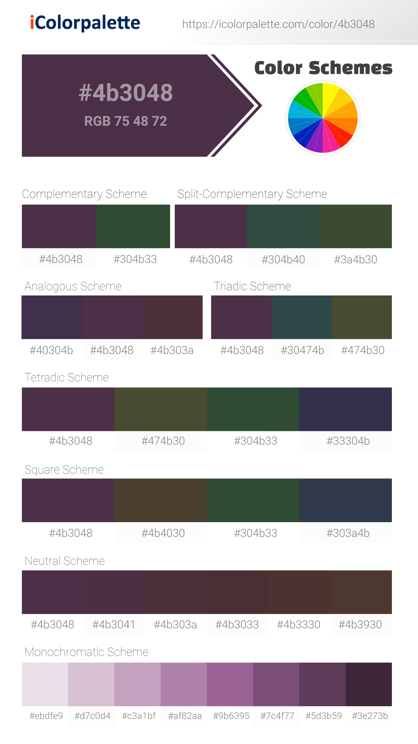 Hex Color #4b3048 information | Hsl | Rgb | Pantone