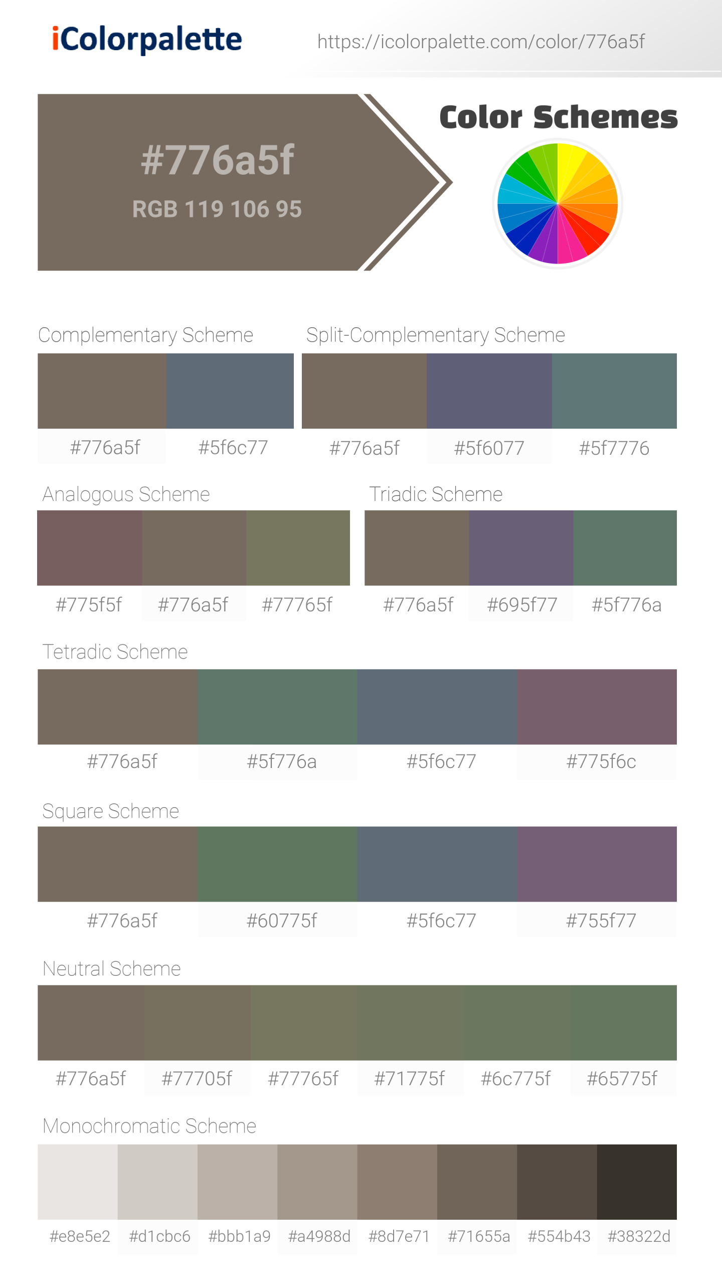 Hex Color #776a5f information | Hsl | Rgb | Pantone