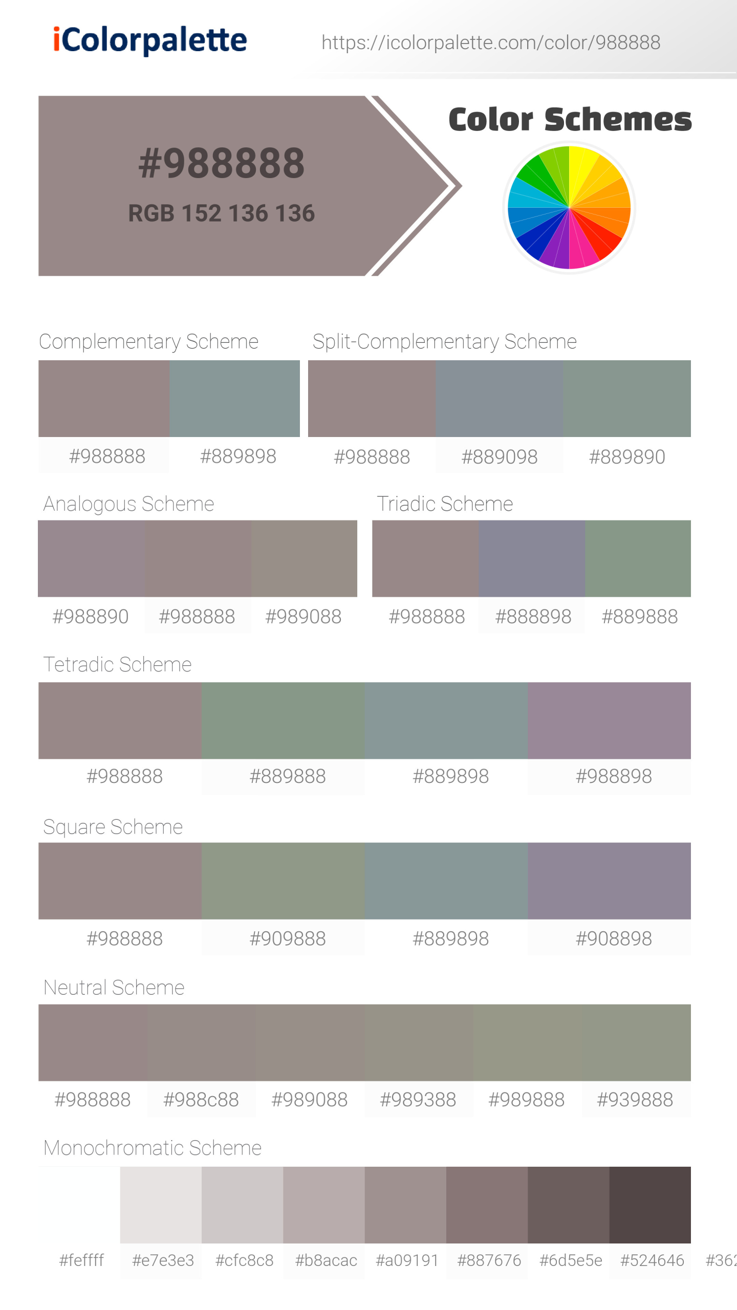 PANTONE 色見本(KIJI) Rising Ash (similar) Color | 988888 information | Hsl | Rgb