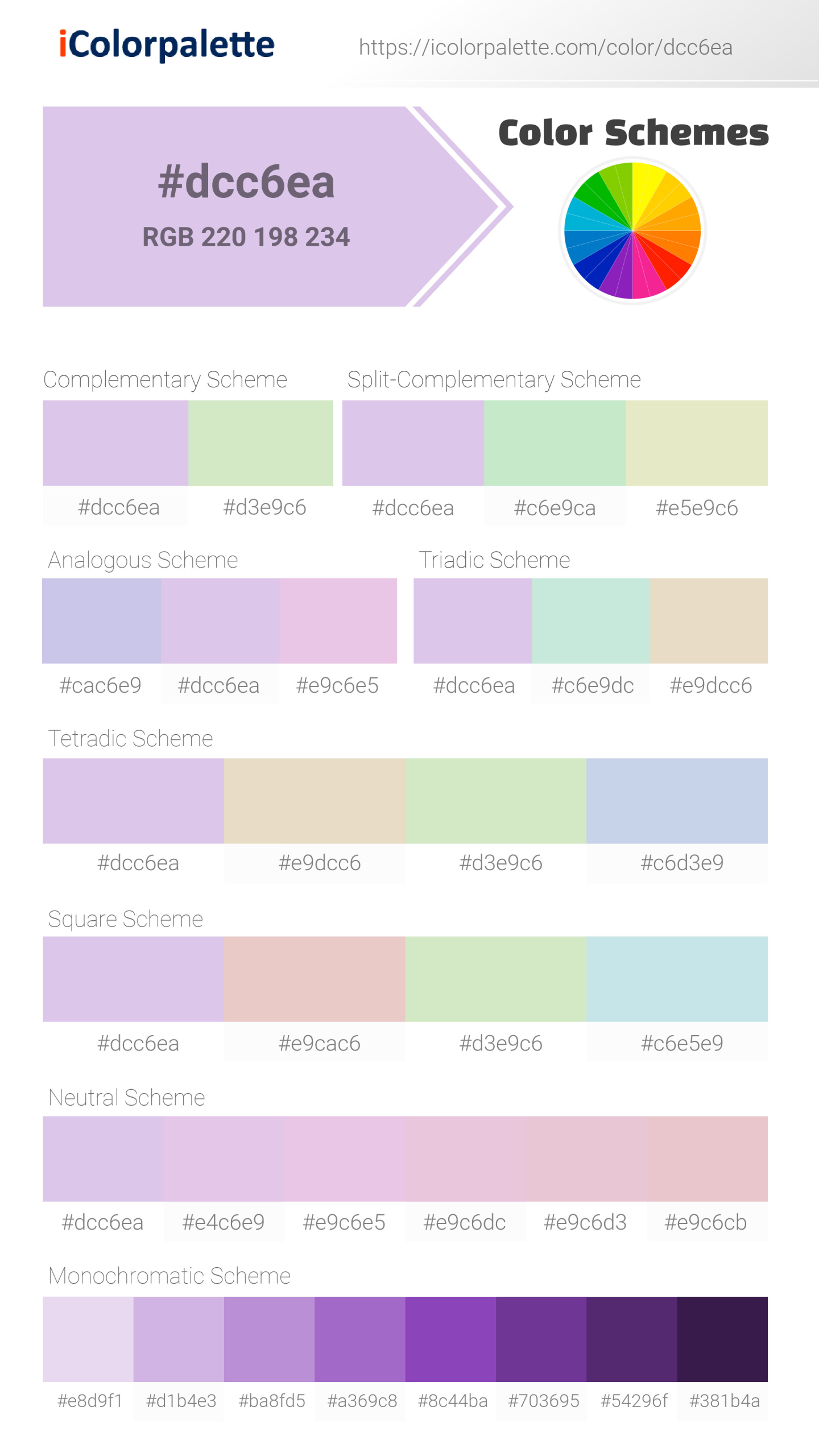 Hex Color #dcc6ea information | Hsl | Rgb | Pantone