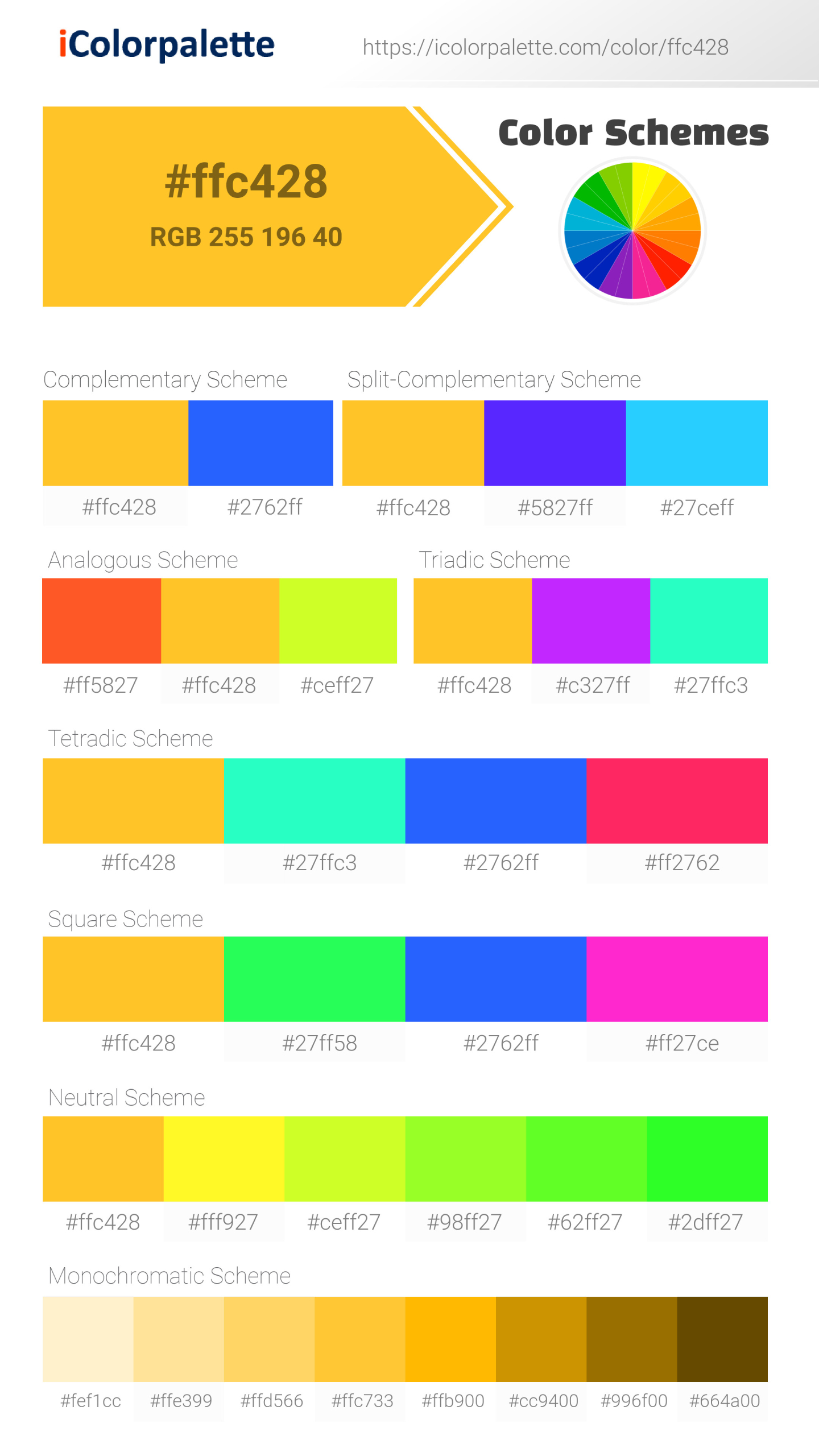Hex Color #ffc428 information | Hsl | Rgb | Pantone