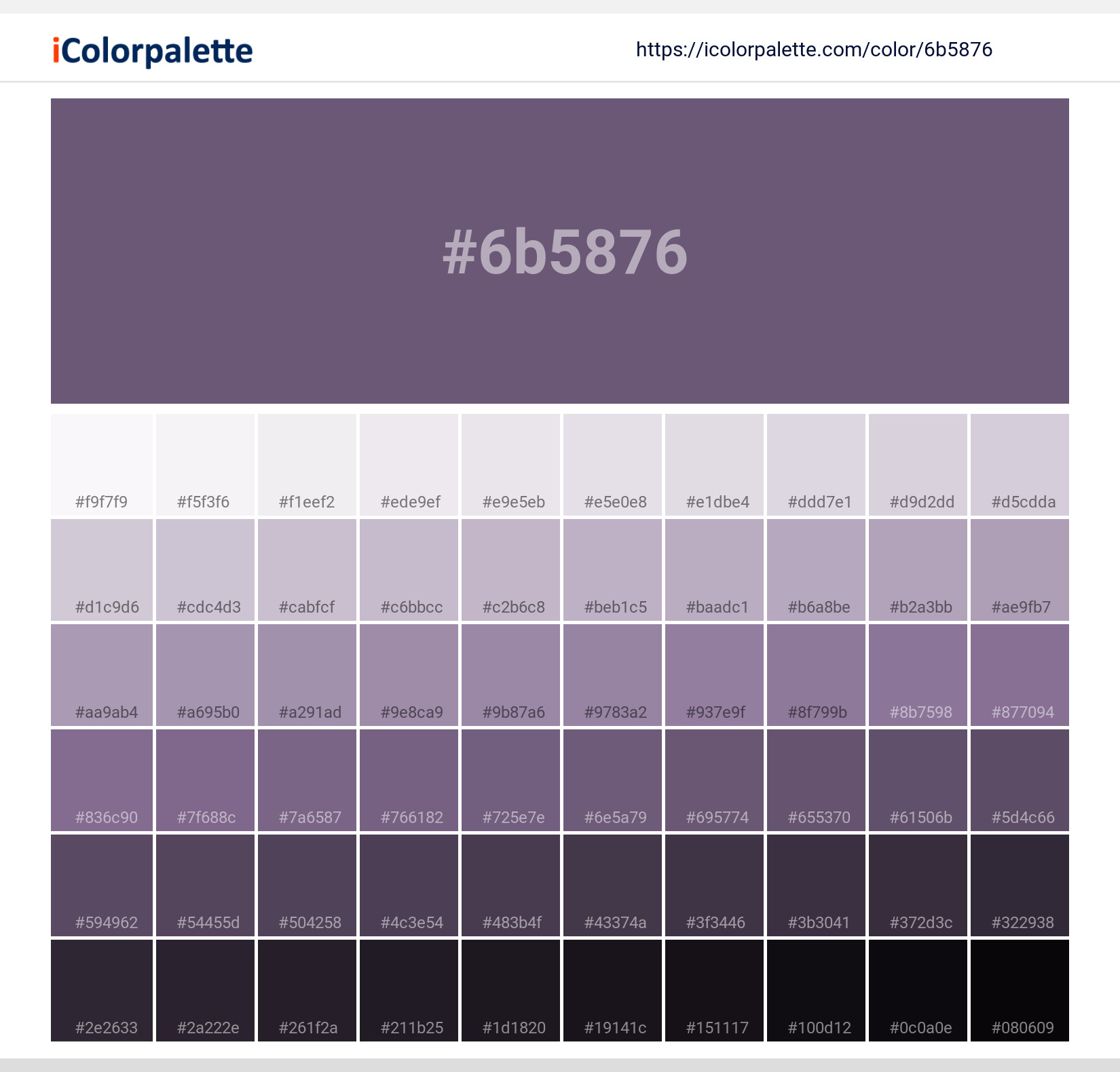 Hex Color Code #6b5876 | Pantone 18-3513 Tcx Grape Compote color information | Hsl | Rgb | Pantone