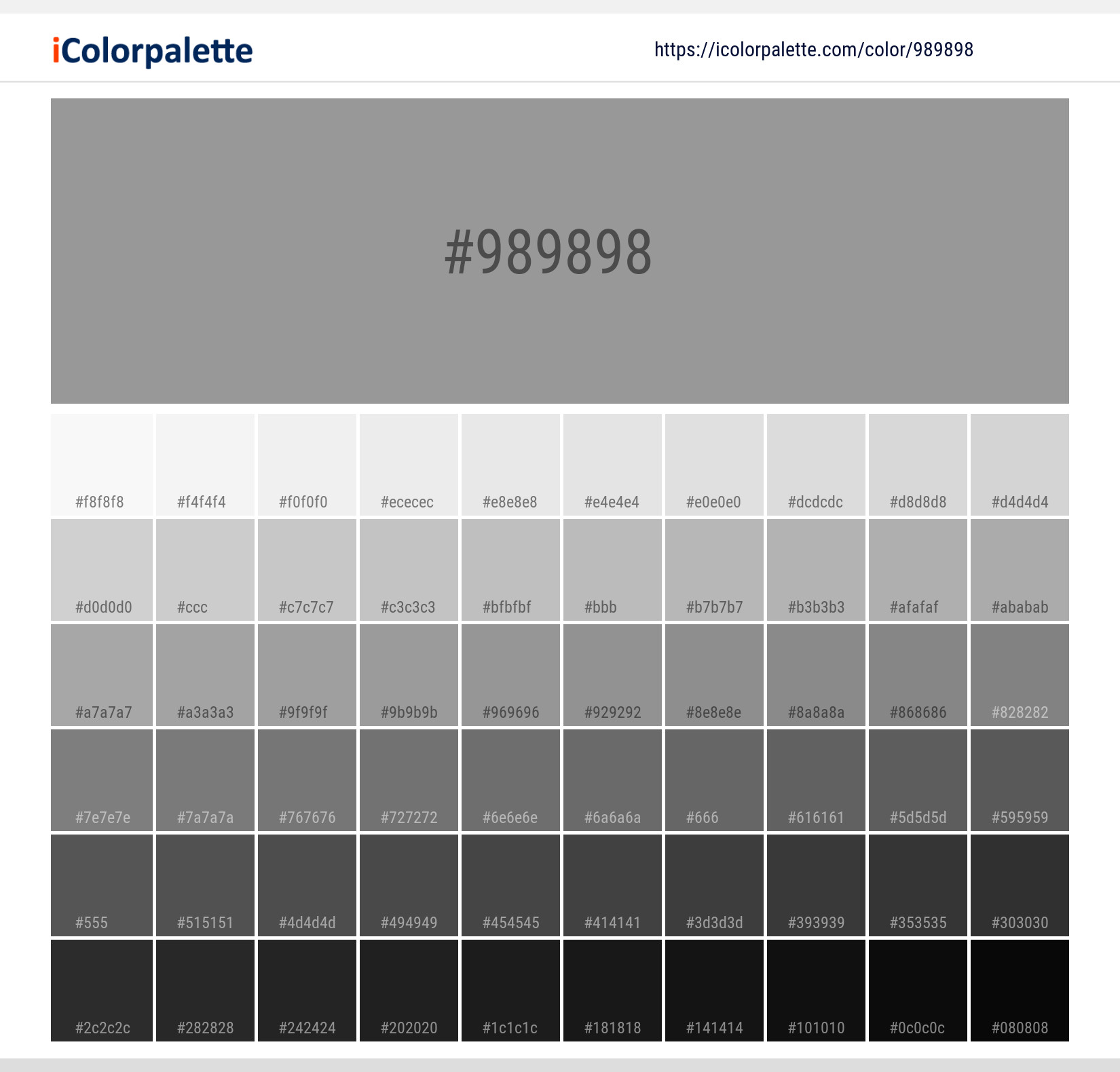 Spanish Grey Color 989898 information Hsl Rgb Pantone