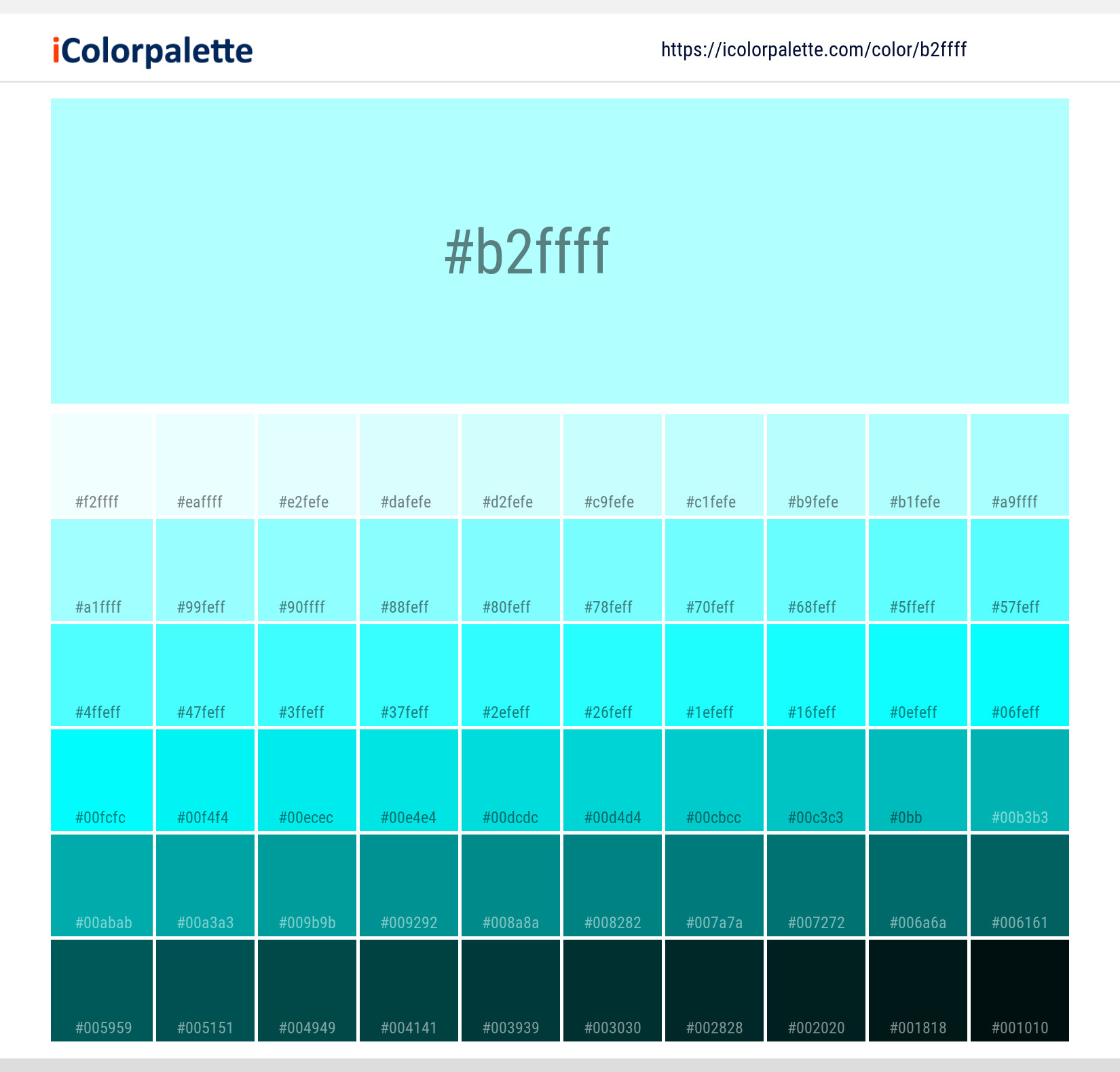 Celeste Color - HEX #B2FFFF Meaning and Live Previews - PaletteMaker